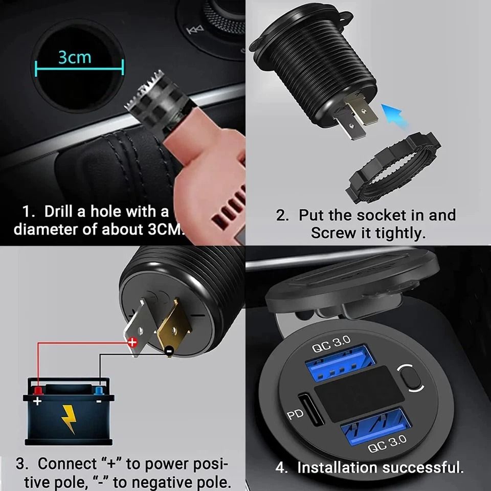 Car Fast Charger, PD QC Dual USB Power Socket Outlet with LED Voltmeter, Waterproof, Charging Power