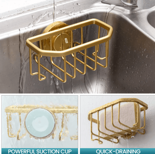 TAILI Gold Suction Cup Sponge Holder Rustproof Aluminum Sink Caddy