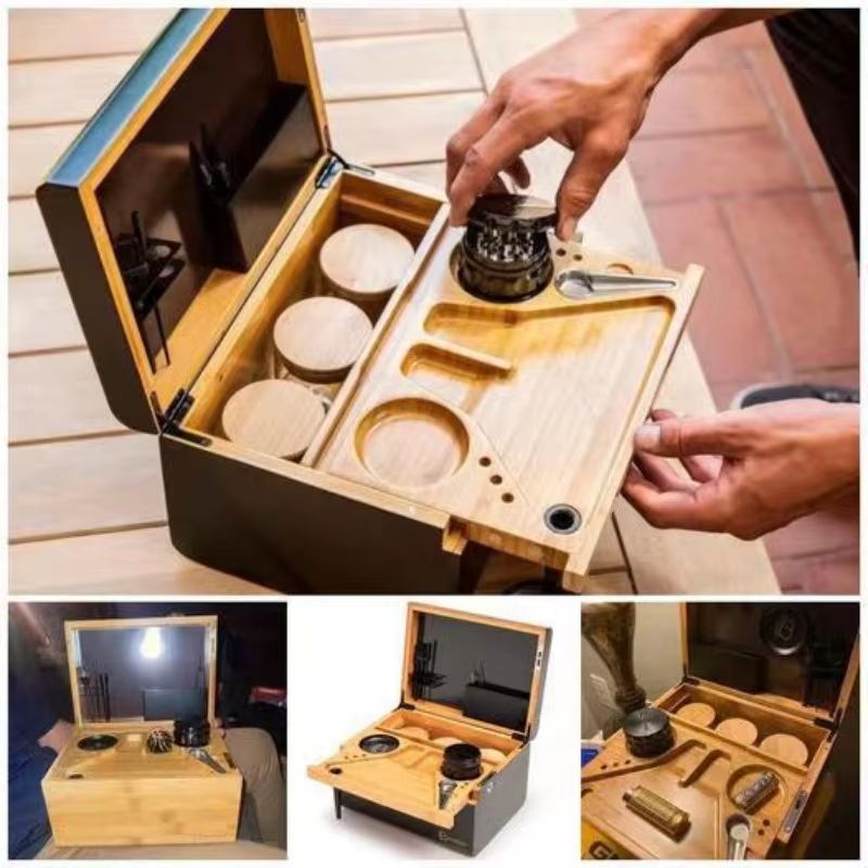 Bamboo LockSafe Organizer Box With Rolling Tray And Storage Compartments