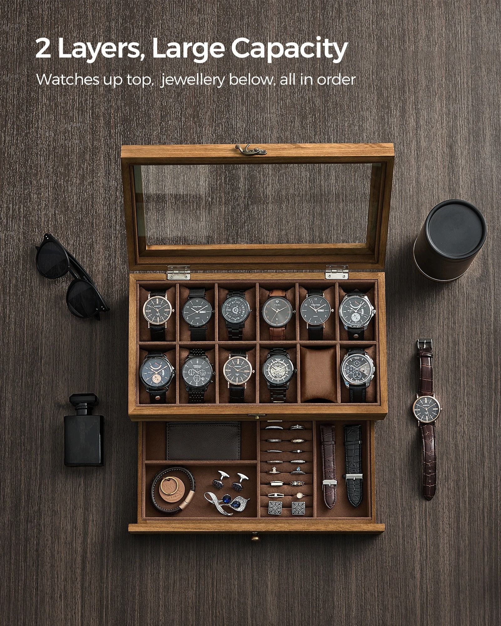 Two Tier Watch Box with Glass Lid Velvet Lining and Removable Pillows