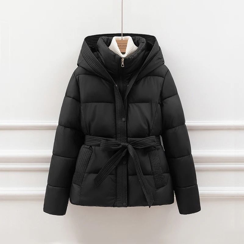 Womens Slimming Hooded Puffer Jacket | Belted Winter Cotton Coat