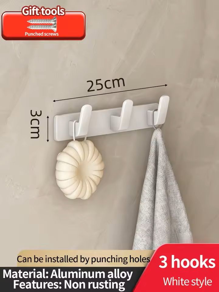 No-Drill Aluminum Wall Hook Organizer Rack for Kitchen & Bathroom
