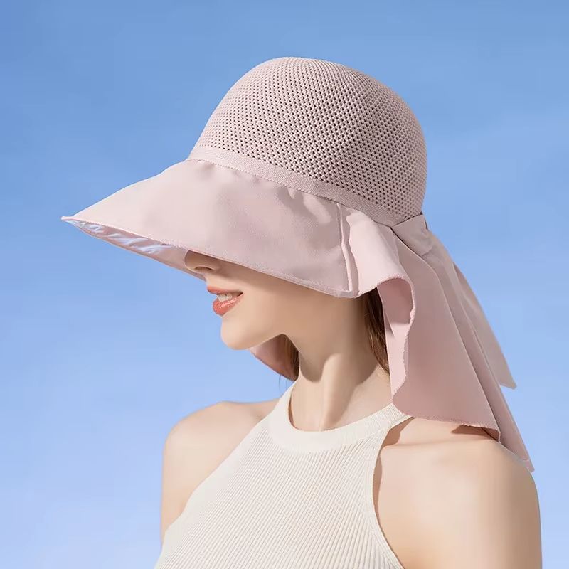 Women's Summer Sun Hat with Face and Neck Protection – Lightweight Mesh Bucket Hat with Shawl and Bow Detail