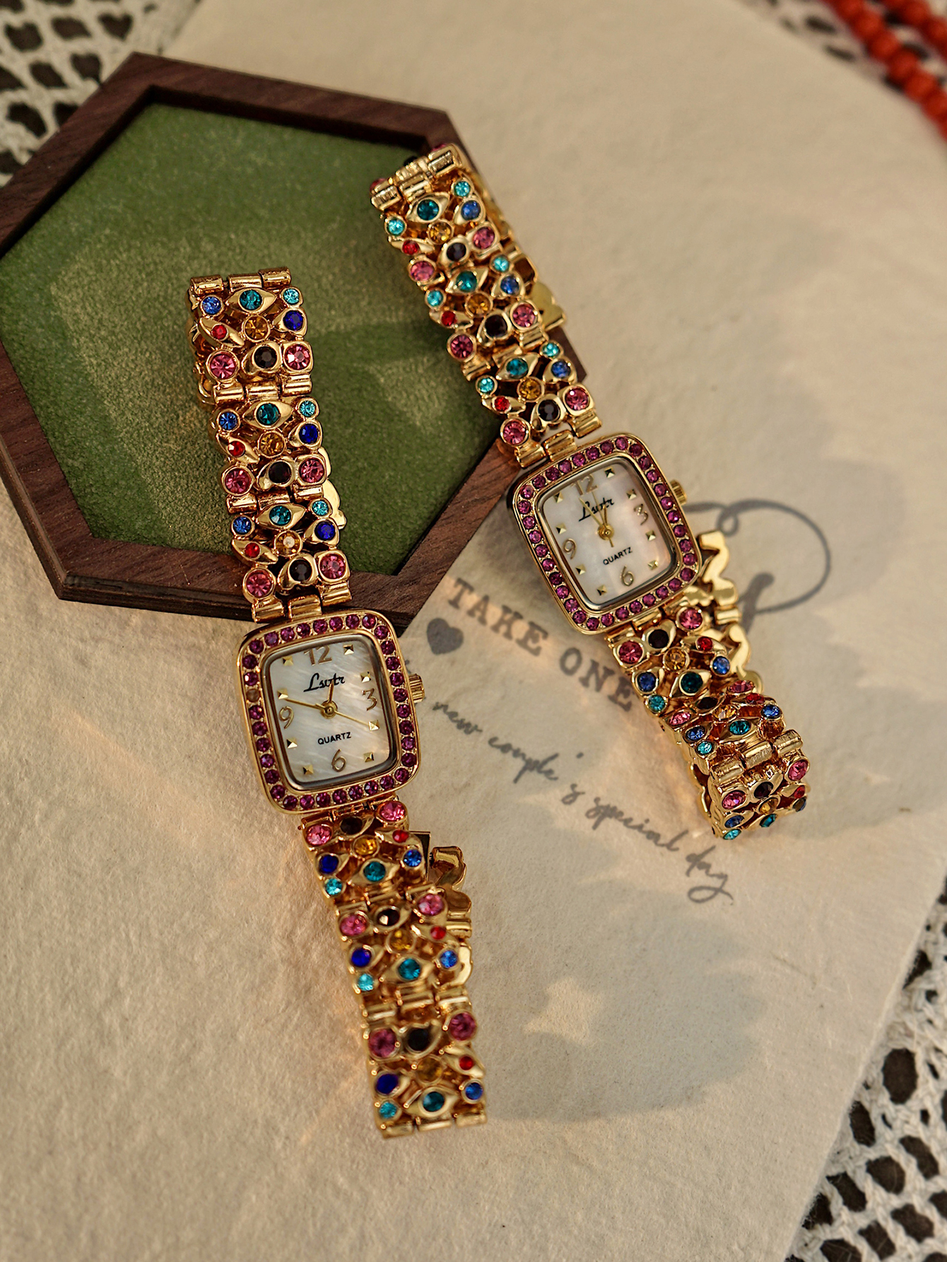 Waterproof Women's Square Quartz Watch with Colorful Rhinestone Gemstone Inlaid Strap and Mother-Of-Pearl Dial