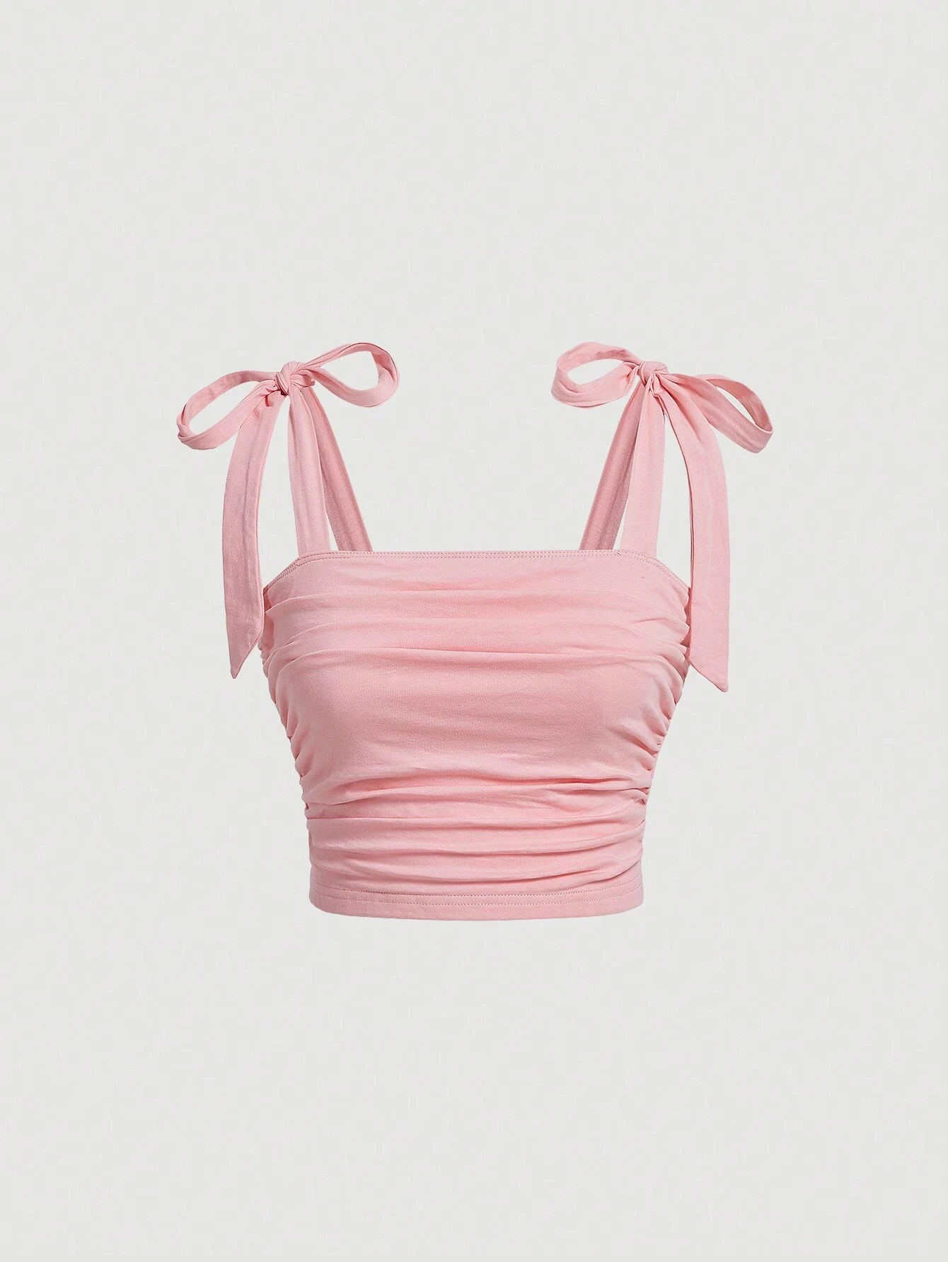 Pink Backless Camis Top, Solid Tie Shoulder Ruched Design, Wide Strap Slim Fit Crop Top, Summer Women Clothing