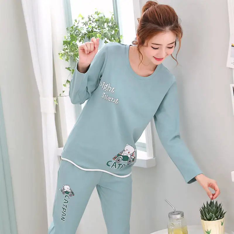 Women Autumn Thin Pyjamas Set, Round Neck Bear Pajamas, Teacup Cat Full Sleepwear Tops, Lovers Pajama Mujer