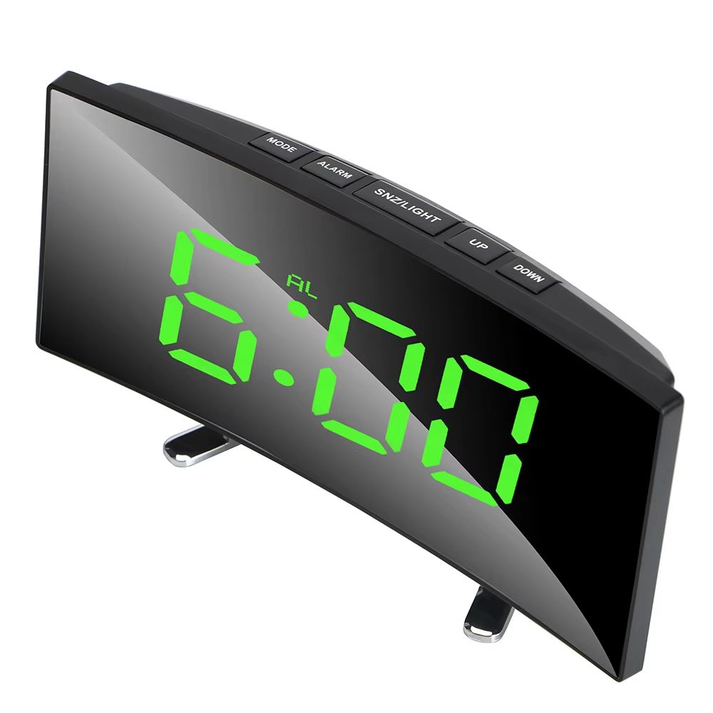 Curved LED Mirror Alarm Clock Dimmable Large Display Desk Clock