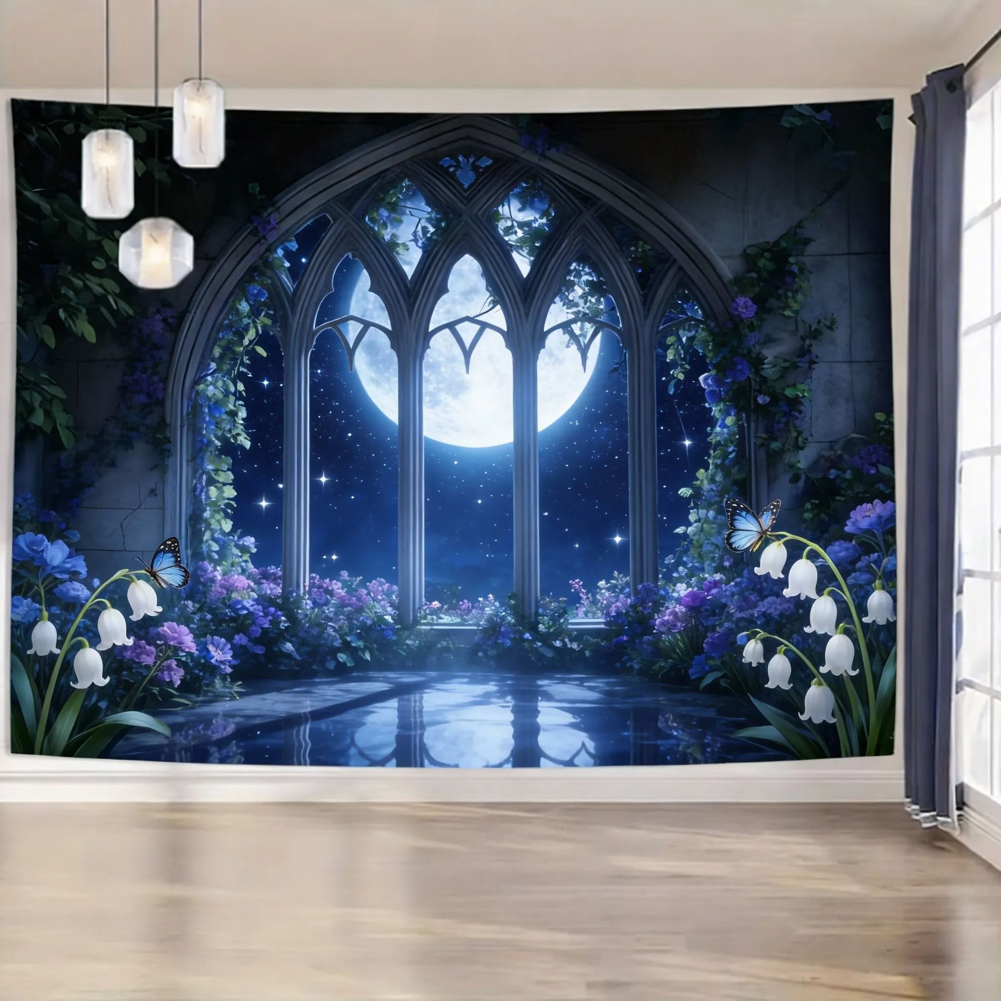 Enchanted Gothic Window Lush Garden Tapestry