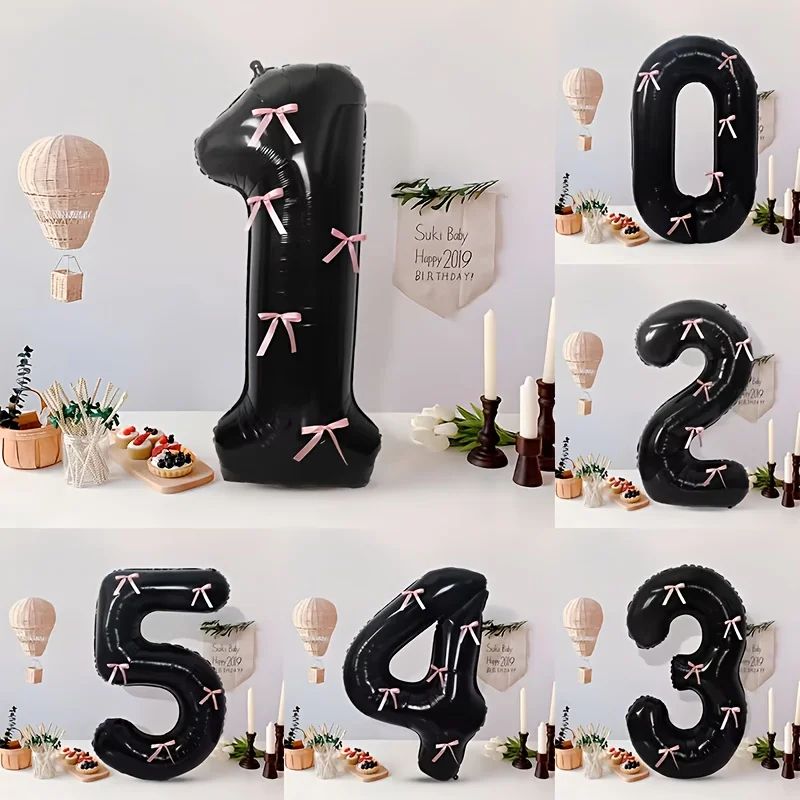 Black Number Balloon with Pink Bow