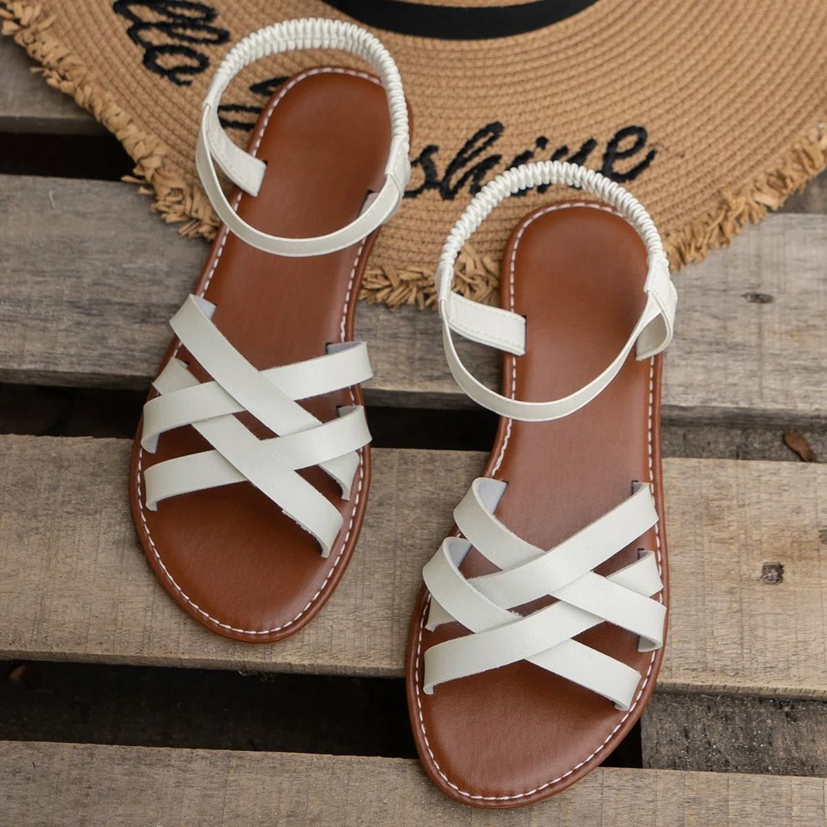 Women Flat Roman Strap Sandals Non Slip Rubber Sole Daily Casual