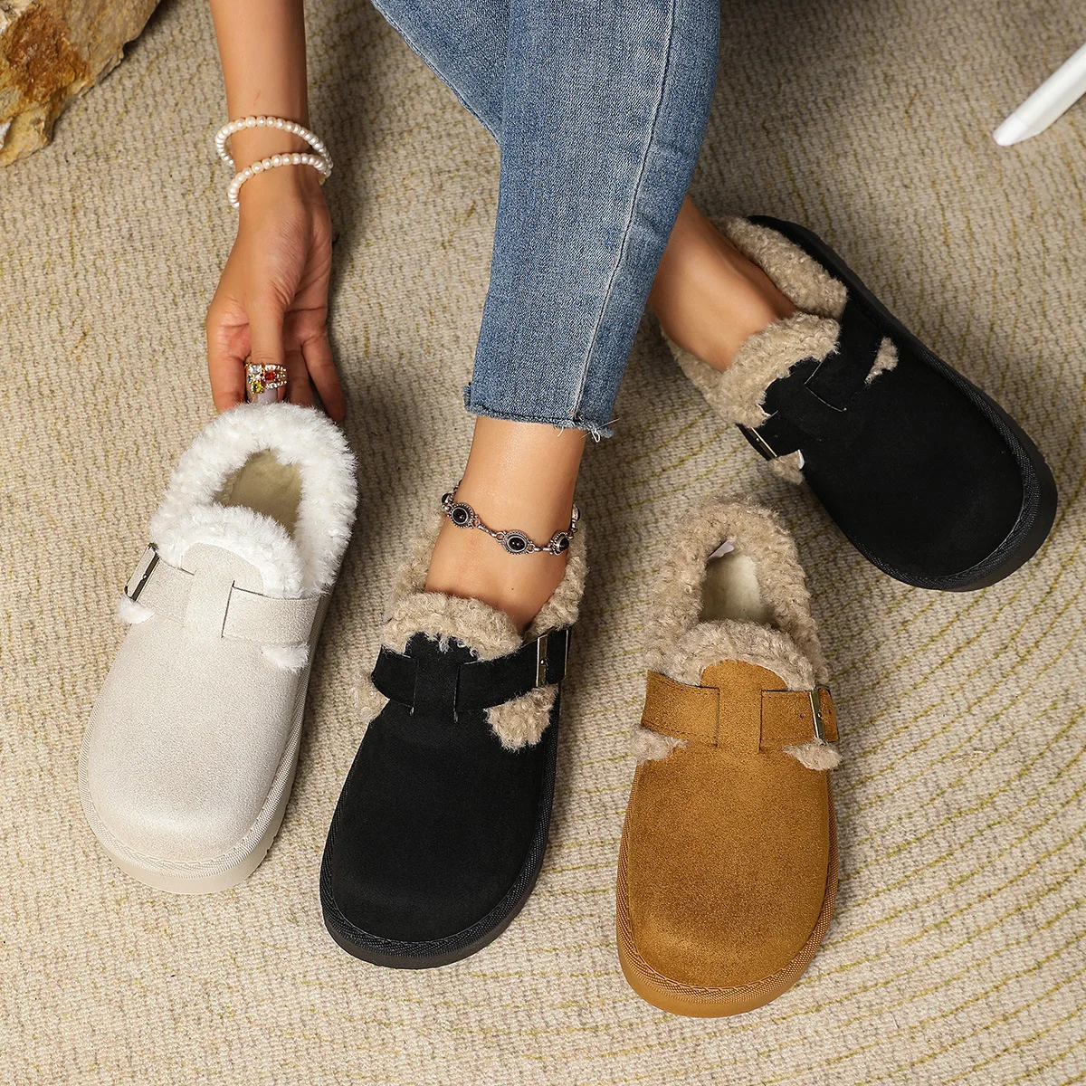 Fleece Lined Bean Bean Fur Boots Casual Shoes Thickened Snow Boots Rubber Bottom Round Toe Korean Style Winter Boots