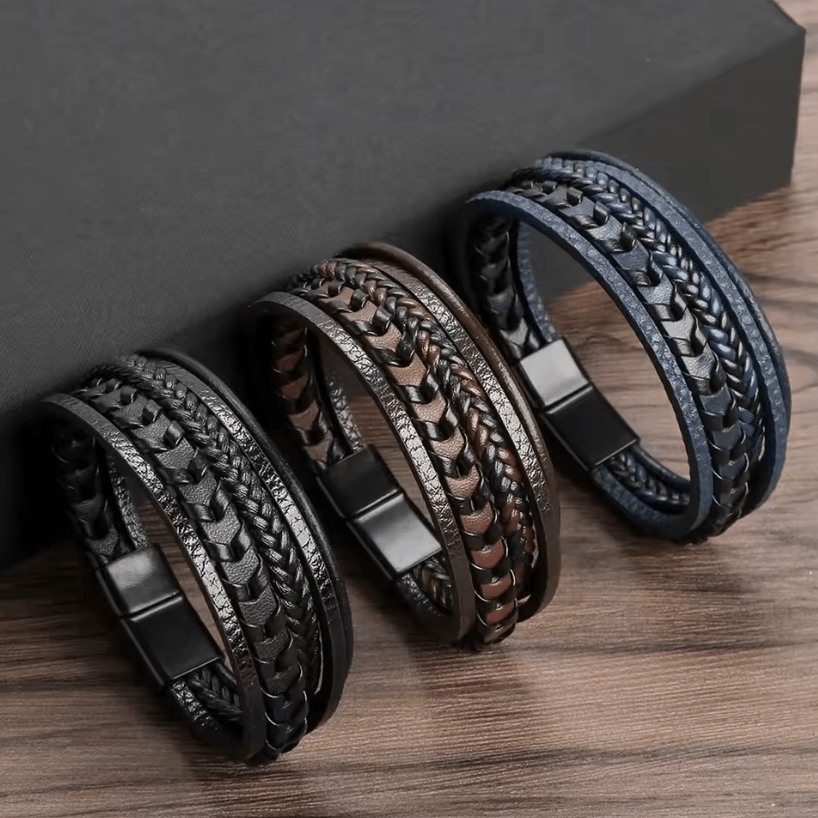 Mens Multi Layer Braided Leather Bracelet Magnetic Buckle Vintage Rope Wristband