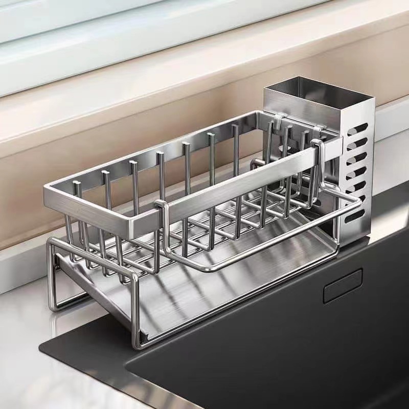 Stainless Steel Kitchen Sink Cleaning Tools Storage Rack – Multifunctional Drain Rack for Sponges, Cleanser Organizers