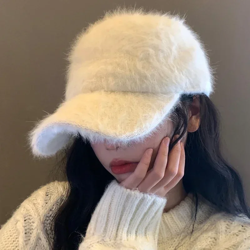 Korean Warm Rabbit Hair Baseball Cap Women, Autumn Winter Solid Color Plush Duck Bill Hat