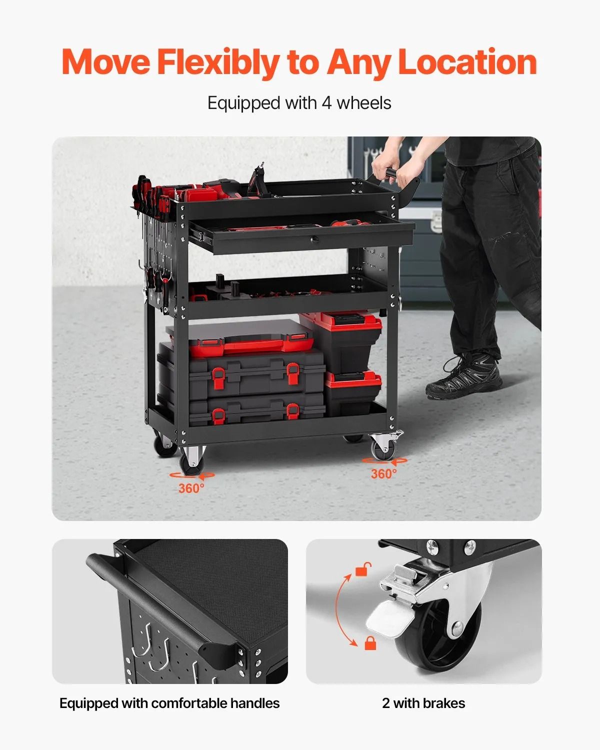 Heavy Duty Rolling Tool Cart with Drawer & Pegboard Tool Cart with Wheels 350 lbs Capacity