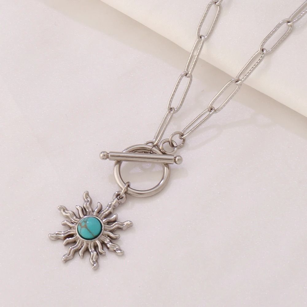 Sun Pendant Necklace Gold Turquoise Charm Stainless Steel Clavicle Chain