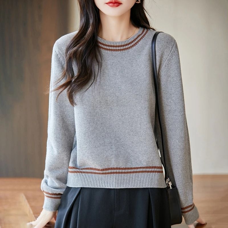 Autumn Winter Women Pure Cotton Knitted O-Neck Pullover Sweater