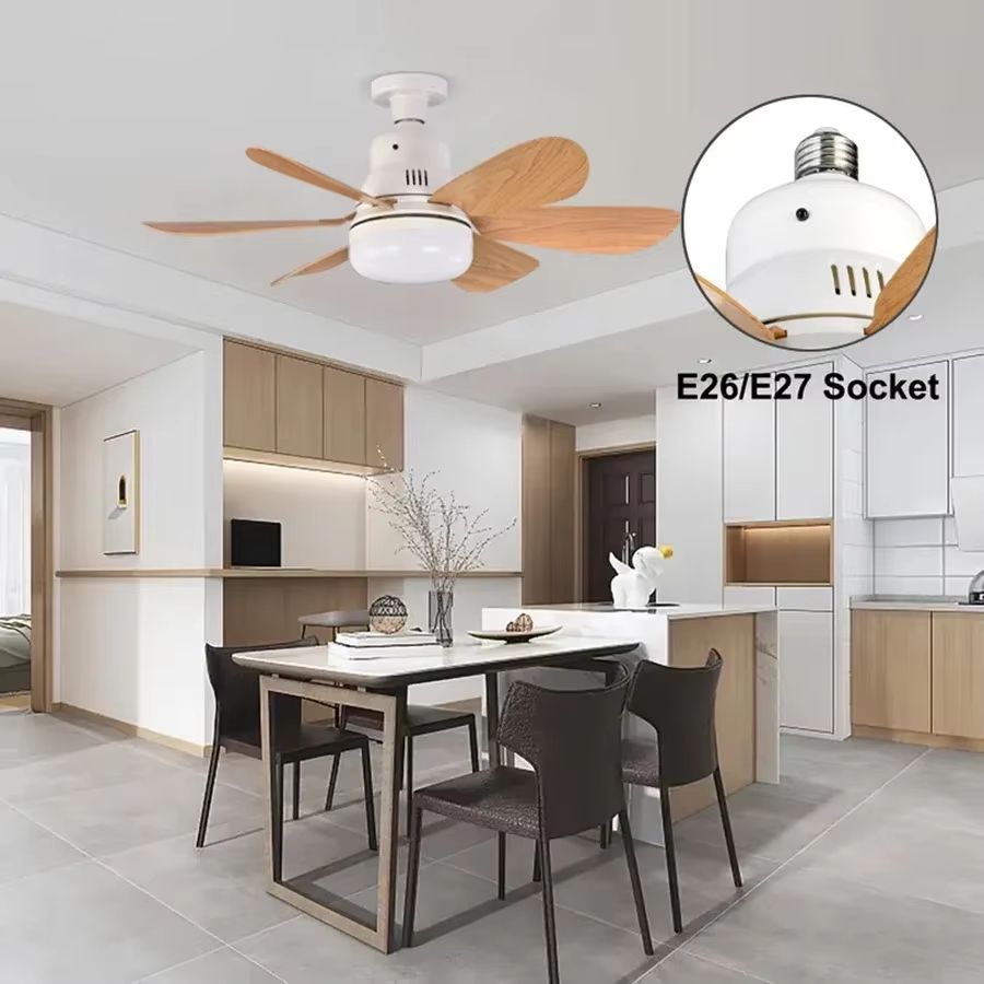 Wood Grain Socket Ceiling Fan Light with Remote 6 Blade LED Fixture