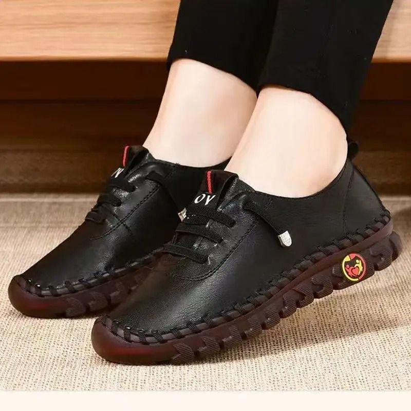 Women Leather Loafers Casual Lace Up Flat Shoes