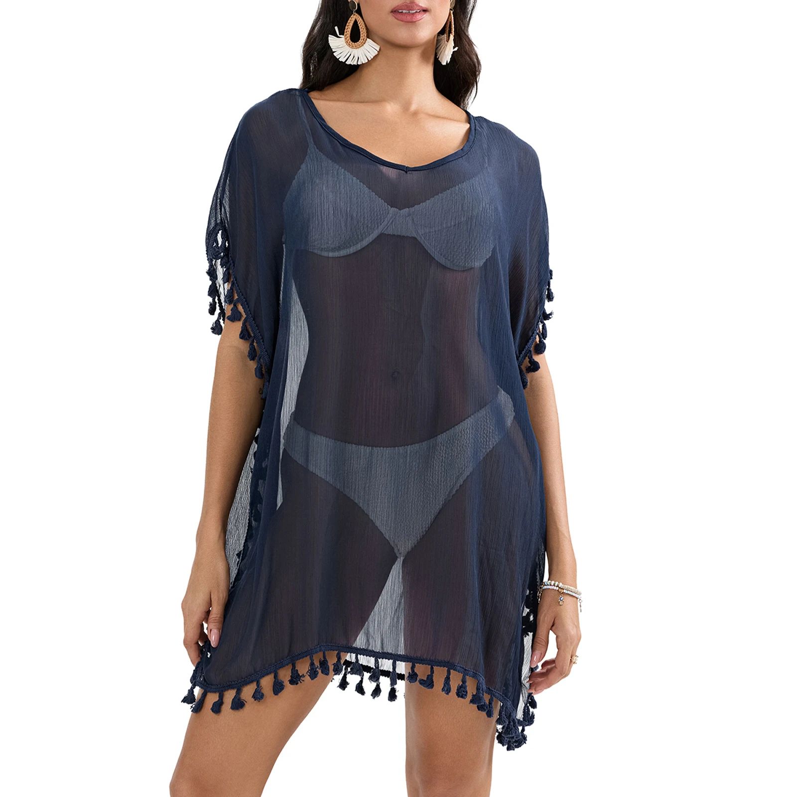 Coastal Breeze Tassel Trim Beach Cover Up Dress – Sheer Mini Swimsuit Cover Up for Women