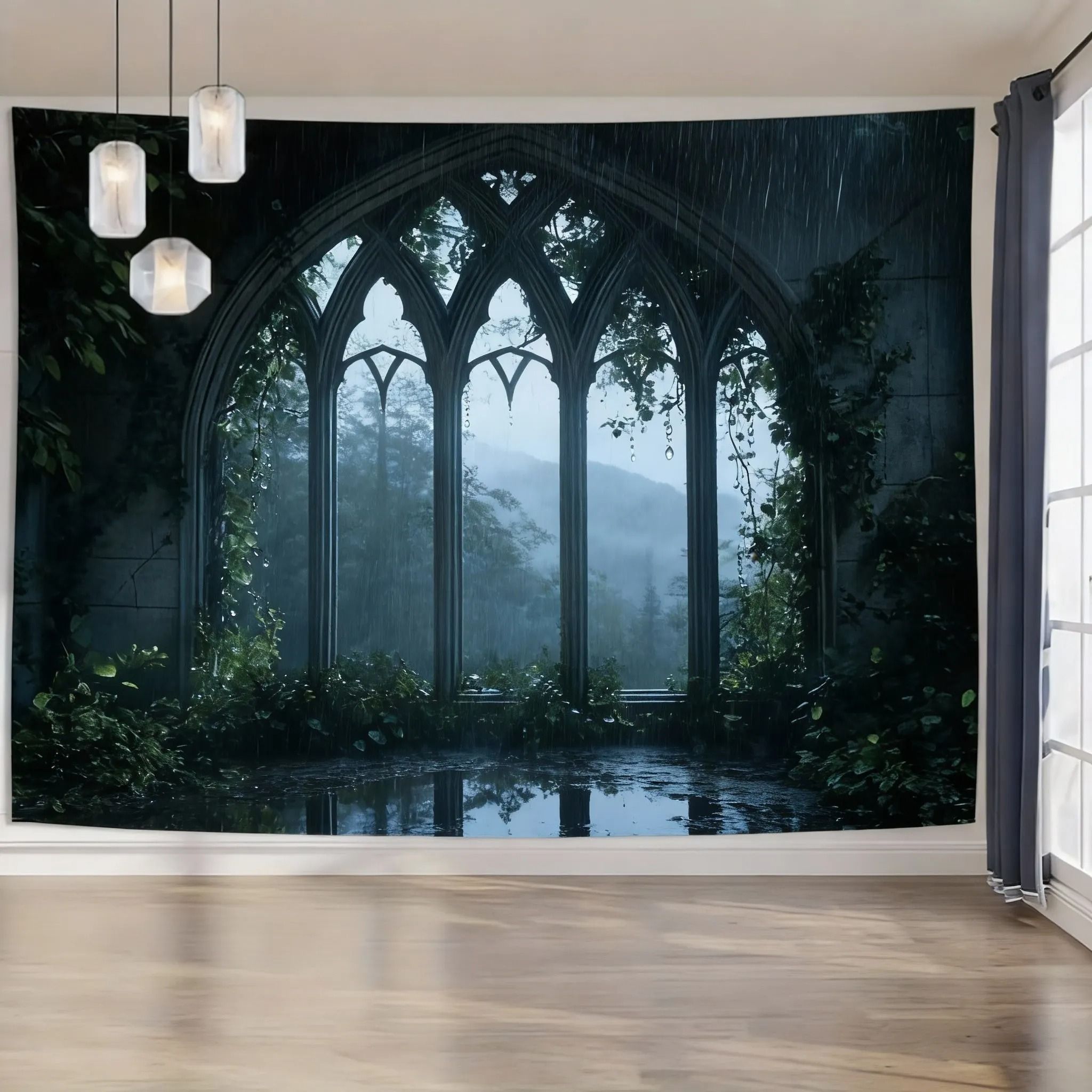Enchanted Gothic Window Lush Garden Tapestry