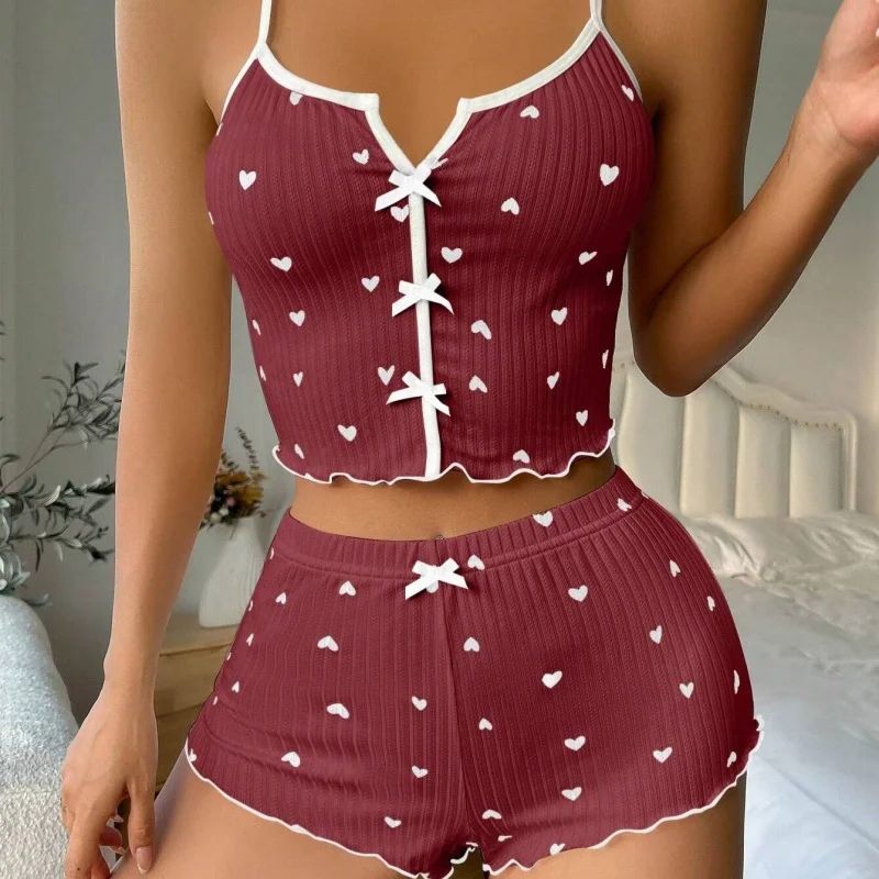 Womens Heart Print Silk V-Neck Pajama Set