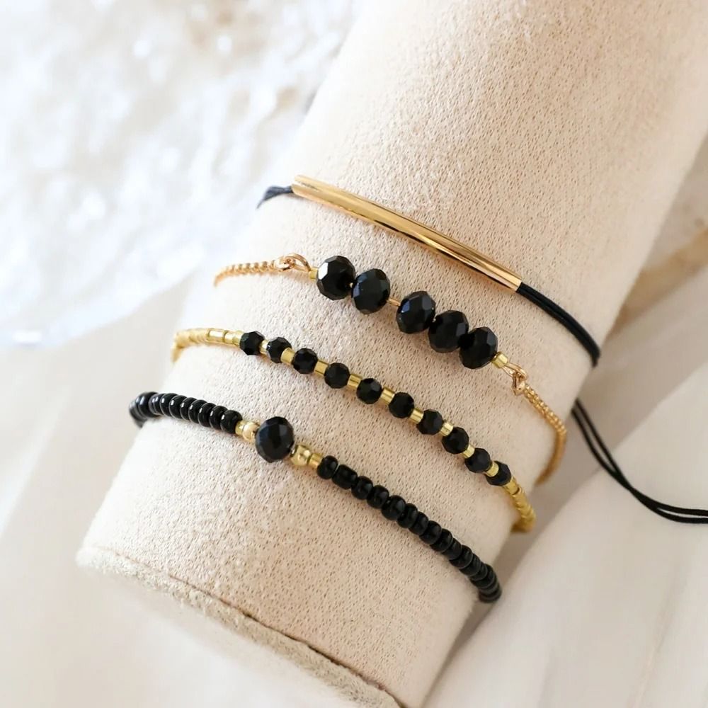 4 Piece Black Glass Stone Bracelet Set