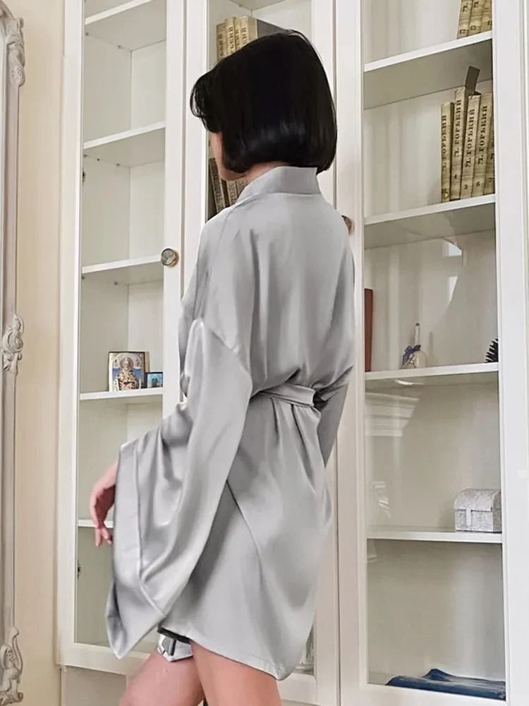 Sexy Flare Sleeve Dressing Gown – Professional V-Neck Nightwear & Loose Black Robe with Sashes