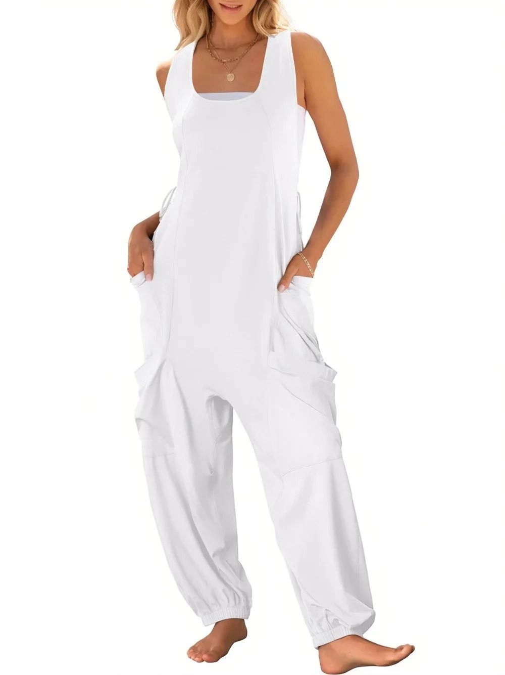 Casual Sleeveless Loose Harem Jumpsuit with Wide Leg Trousers
