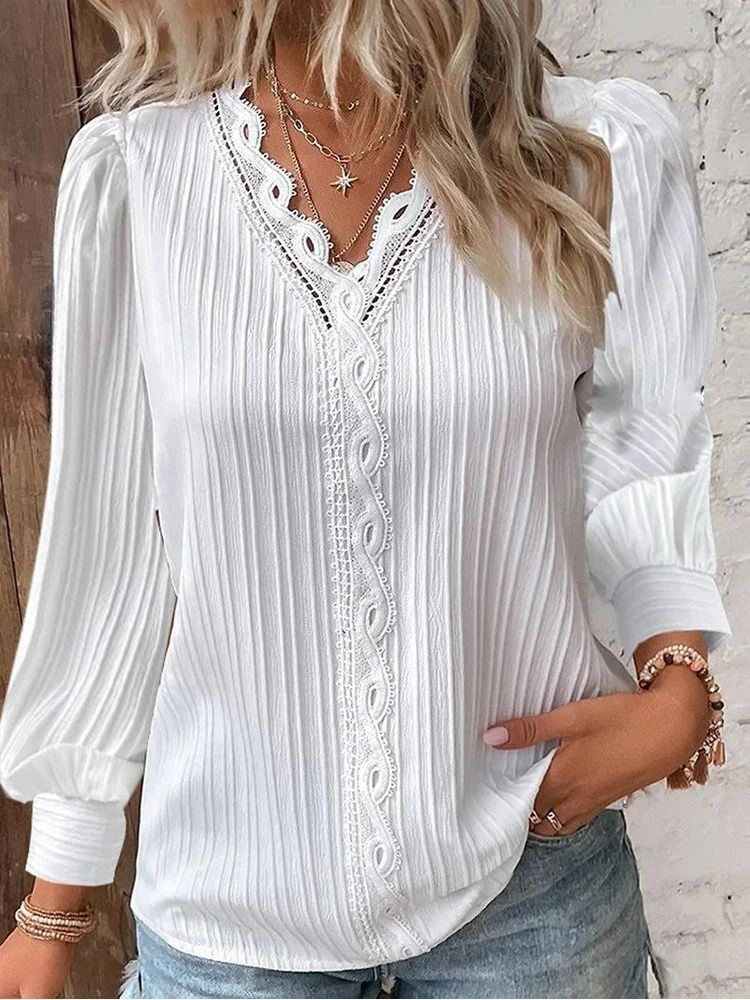 Womens Lace Stitch Pullover Chiffon V Neck Long Sleeve Blouse