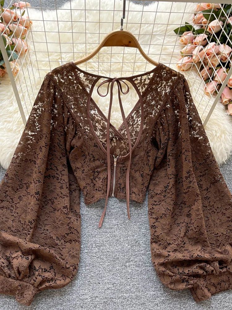 Women's Lace Open Back Blouse – V-Neck Puff Sleeve Cropped Party Top