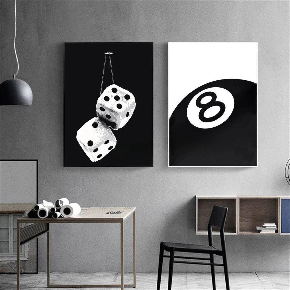 Black and White 8 Ball Billiards Canvas Wall Art Modern Pool Room Decor Poster