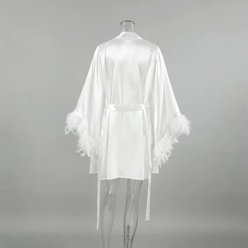 Elegant Wedding Bride Robe, Sexy Rayon Morning Gown, Feather Kimono Bathrobe Sleepwear for Brides