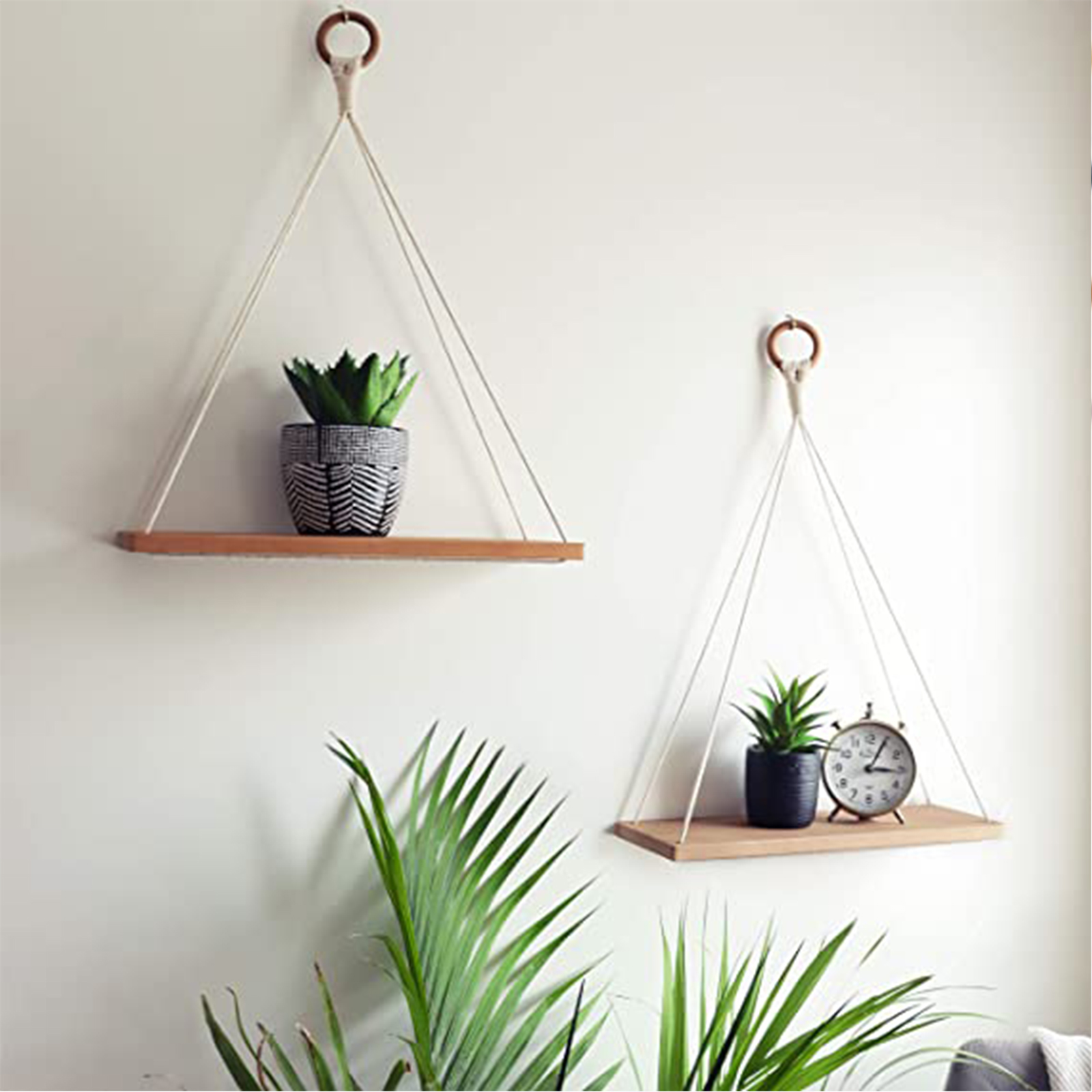 Macrame Hanging Wall Shelf for Plants & Books Boho Floating Shelf with Rope