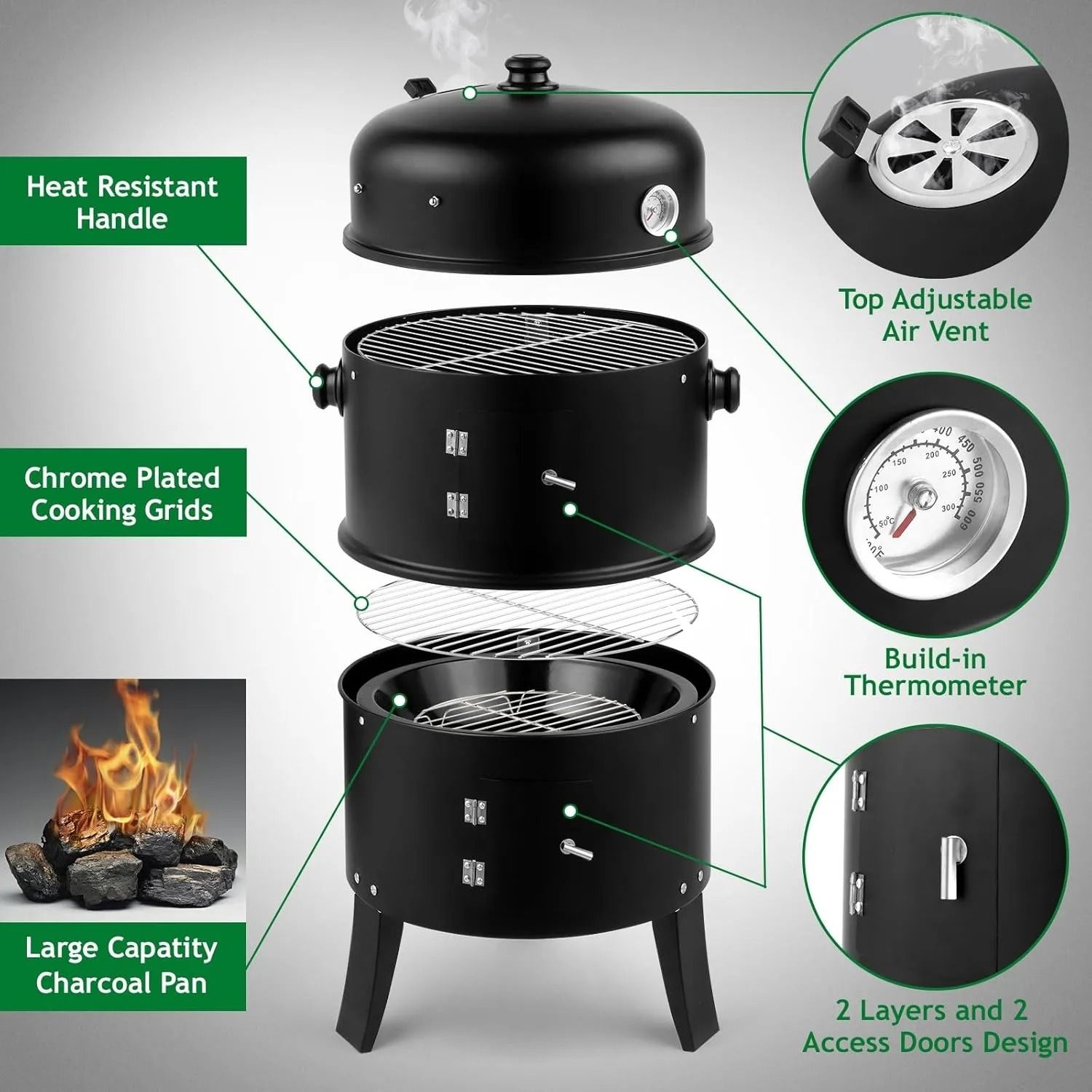 Vertical Charcoal BBQ Smoker 17 Inch Portable 3 in 1 Outdoor Grill with Thermometer