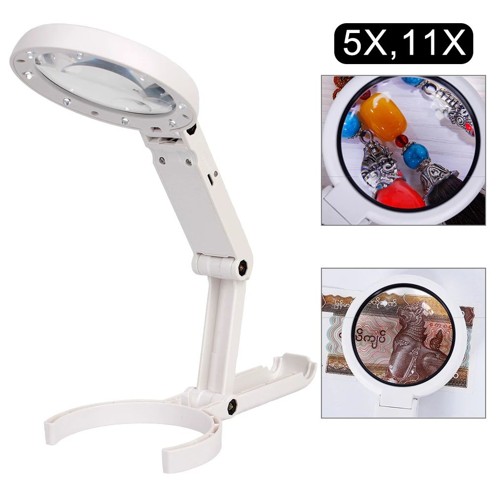 Foldable Lighted Magnifying Glass with Stand, 5x/11x Dual Lens for Reading & Jewelry Appraisal