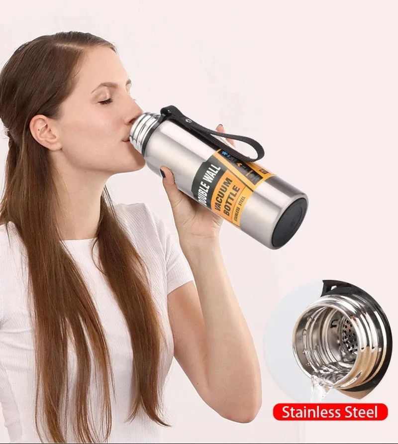 Stainless Steel Vacuum Thermos Bottle with Strainer – Large Capacity Insulated Tumbler with Carry Rope