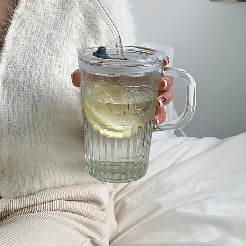 Retro Glass Tumbler with Lid and Straw Reusable Juice and Coffee Cup Transparent Green Glass Mug