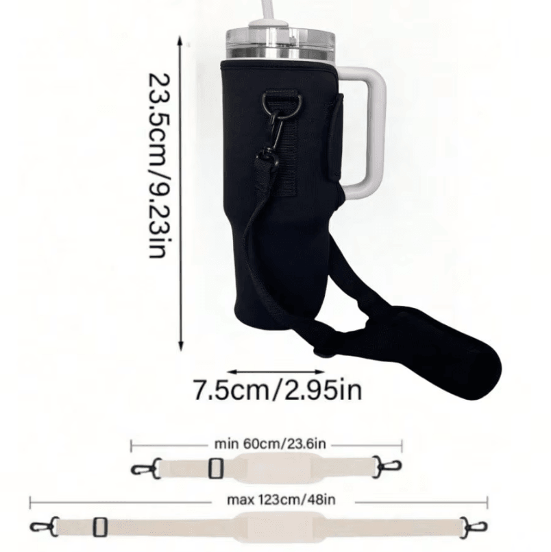 Adjustable Water Bottle Carrier Bag – Large Tumbler Sleeve with Shoulder Strap