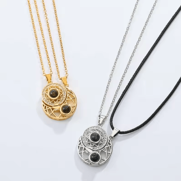 EternalBond 2-Piece Magnetic Couple Necklace – I Love You in 100 Languages Projection Heart Set
