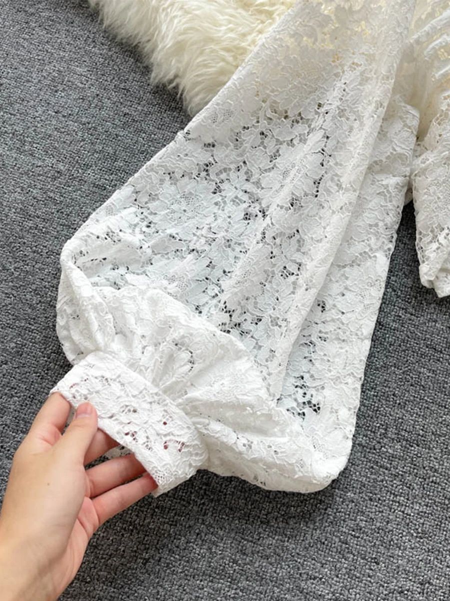 Women's Lace Open Back Blouse – V-Neck Puff Sleeve Cropped Party Top