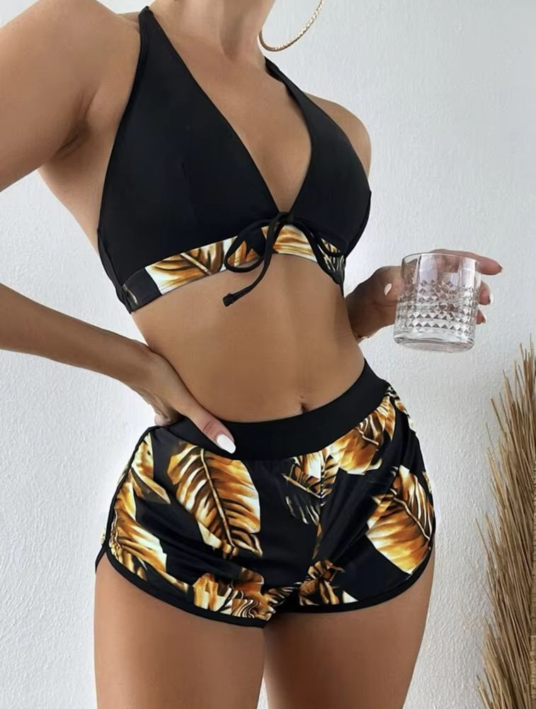 TropiLeaf Halter 3-Piece Swimsuit Set – High-Waisted Leaf Print Bikini