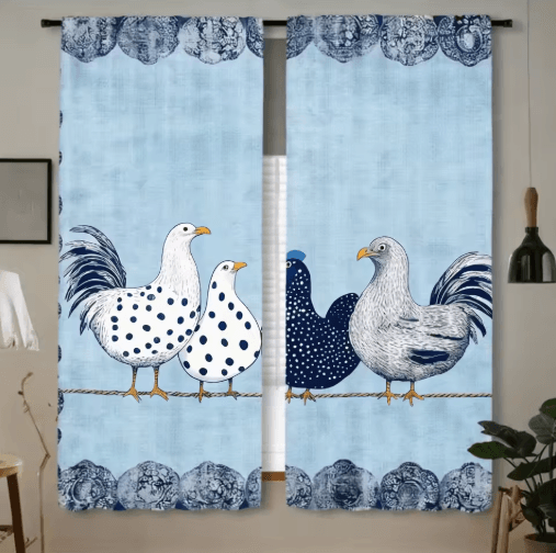 2-Piece Cafe Curtains Kitchen Window Retro Polka Dot Chicken Print Panels