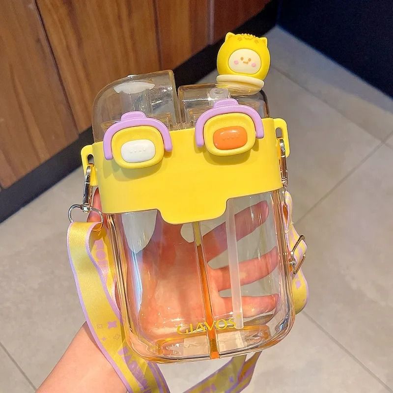 Large Capacity Kids Water Bottle with Straw Double Compartment Cartoon Design