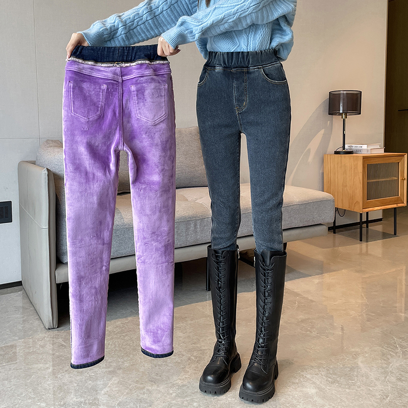 Womens Winter Jeans, Fleece Lined Slim Pencil Trousers, Elastic Waist Velvet Mom Denim Pants