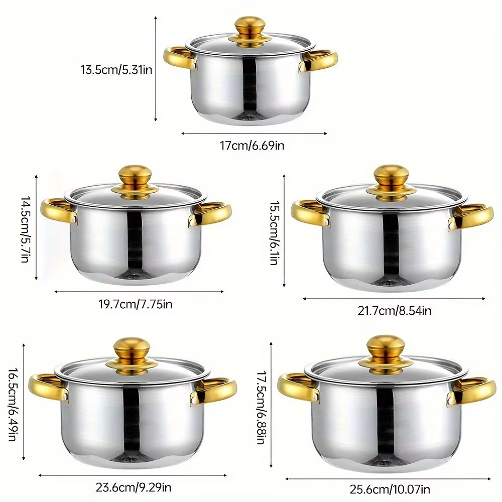 5-Piece Golden Stainless Steel Cookware Set – Non-Stick, Scratch-Resistant, Dishwasher-Safe Pots and Pans