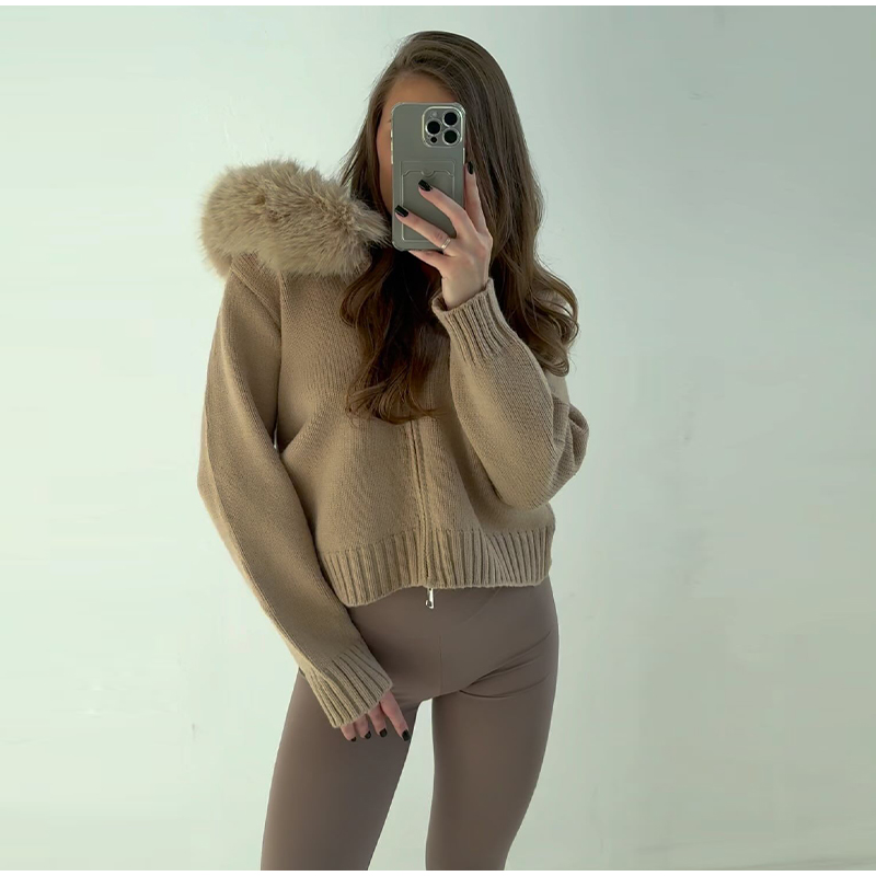 Women Fur Collar Autumn Sweater Coat Loose Fit Zipper Pullover