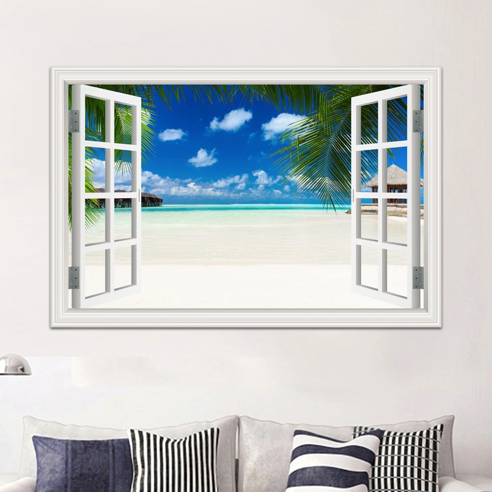 3D Beach Window View Wall Sticker – Ocean Sky Landscape Peel & Stick PVC Wallpaper