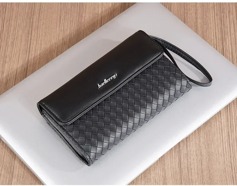Premium Men's Leather Wallet European American Woven Pattern Multi Card Zipper Clutch