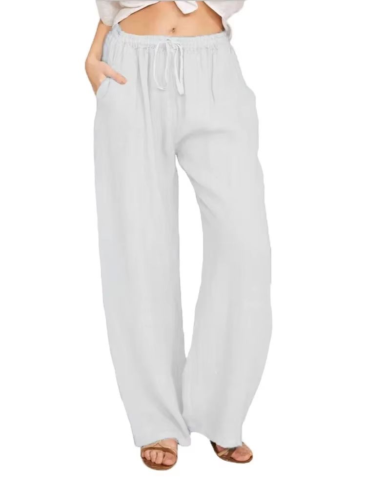 Womens Cotton Linen Wide Leg Pants – Casual Loose Trousers with Elastic Waist & Pockets